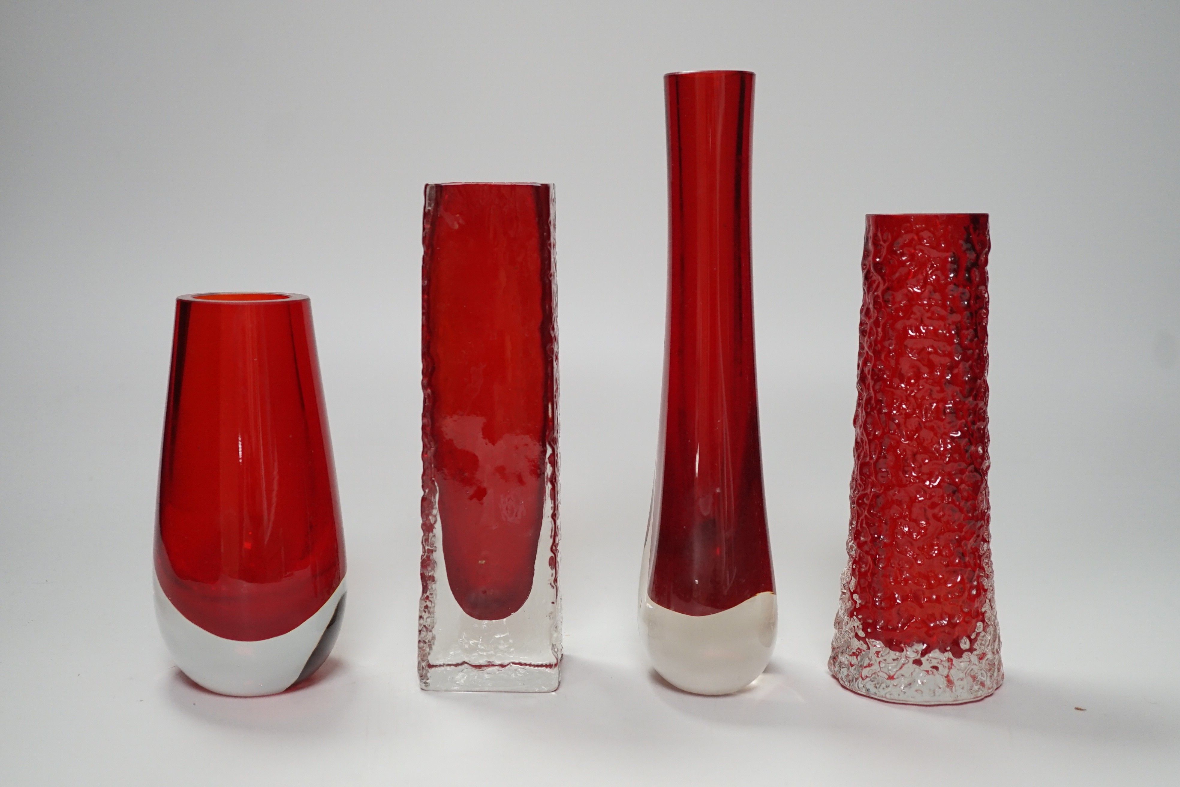 Four Whitefriars ruby glass vases, 20cm